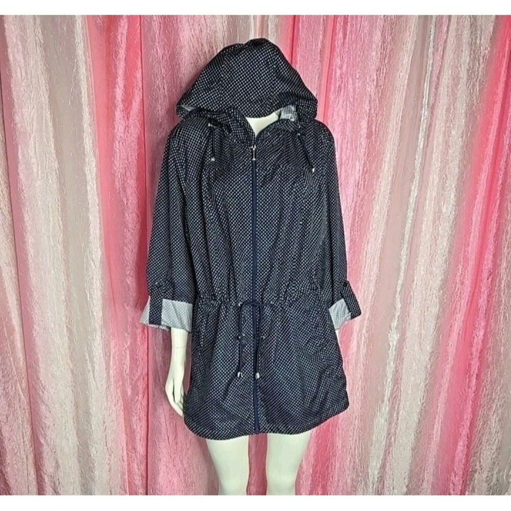 Susan Graver Navy White Polka Dot Hood Lightweight Rain Jacket Packable Size 1X